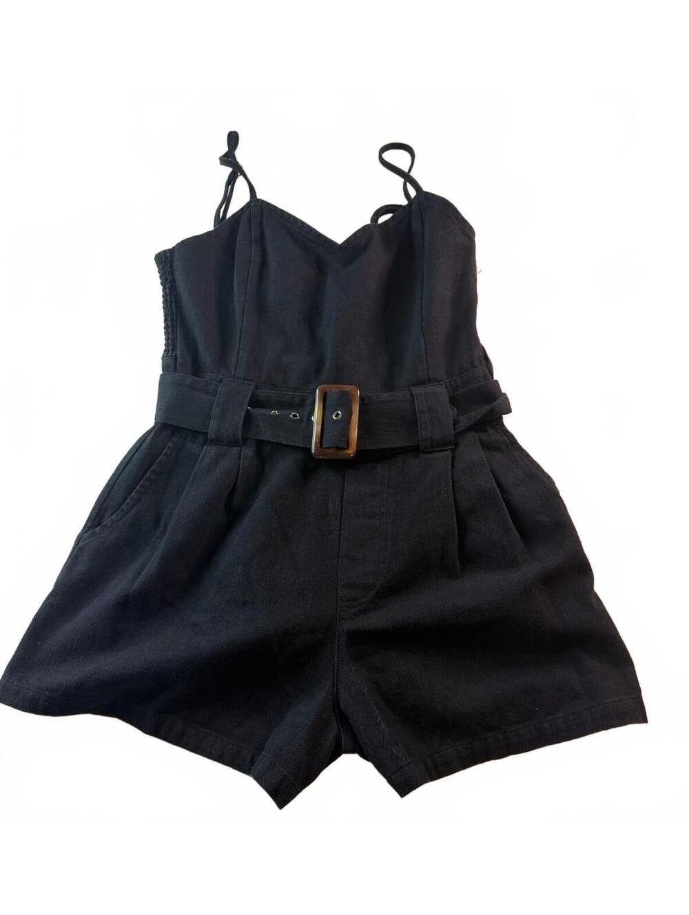 Olivaceous Black Sleeveless Cotton Denim Romper with Belt, Size M
